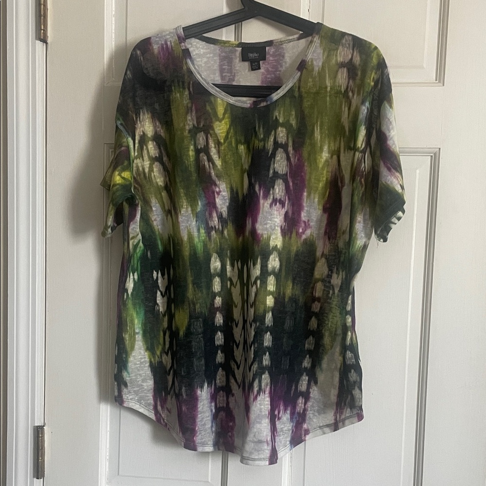 Chico's Green Multi Abstract Short Sleeve Tee